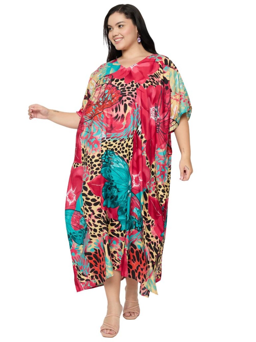 Plus Size Polyester Kaftan Dress Animal Printed Maxi Moo Moos Dresses for Women